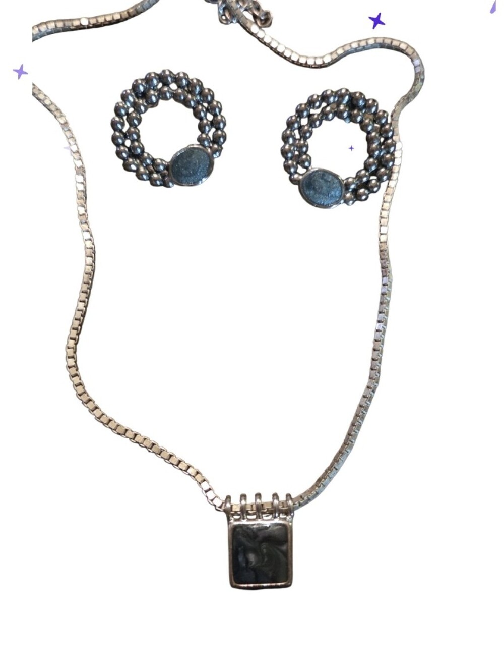 Vtg Silver-Tone Necklace and Circle Stud Earrings Set - Silver